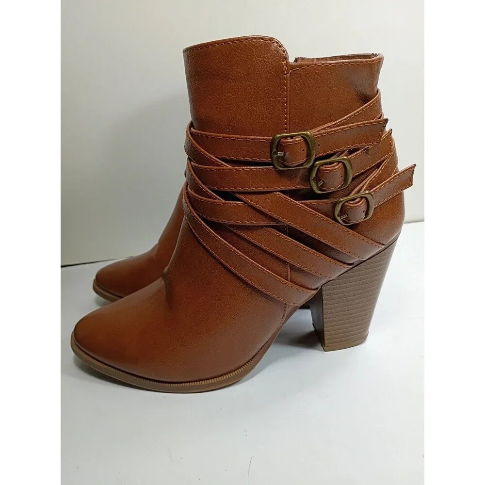 Forever women's three buckle cognac  boots mid heel size 9